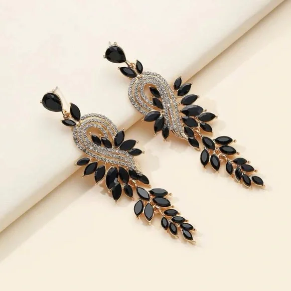 Rhinestone Leaf Drop Earrings - Picture 1 of 5